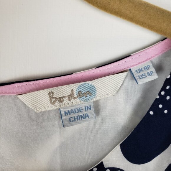 Boden Knee Length Blouson Dress Blue White Spade 3/4 Sleeve Petite Size 4P - Picture 6 of 9